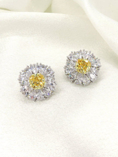 Canary yellow cushion AD CZ halo stud earrings by Joyrias