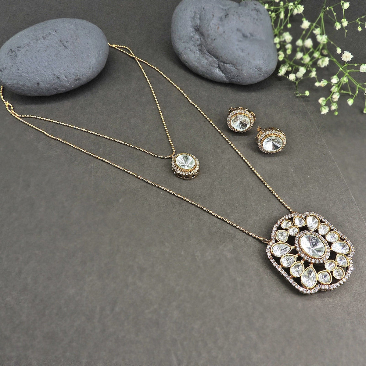 Moissanite 2 layer pendant necklace set – Indian Moissanite double strand necklace USA – Joyrias