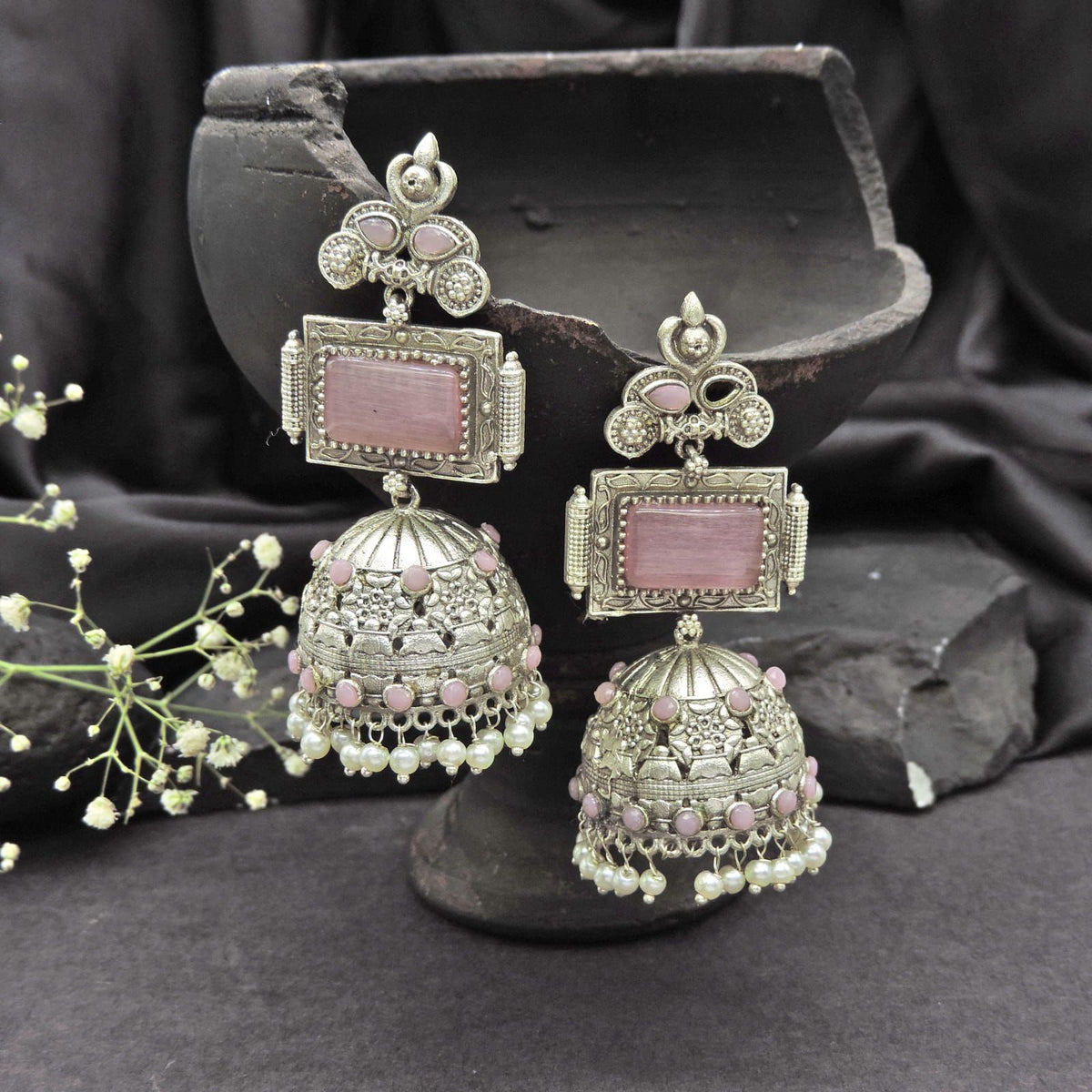 Pink Stone Oxidised Jhumka Earrings with Pearl Drops