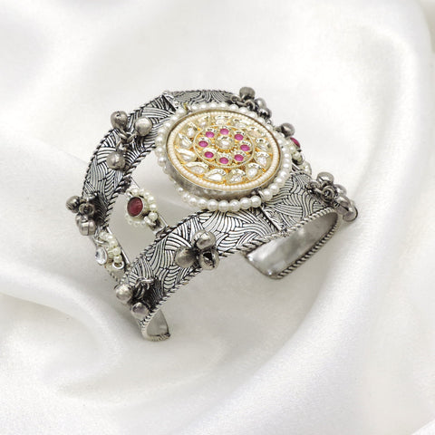 Oxidized dual-tone silver gold pink pearl cuff bracelet with ornate floral detailing by joyrias