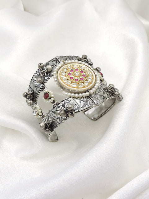 Oxidized dual-tone silver gold pink pearl cuff bracelet with ornate floral detailing by joyrias