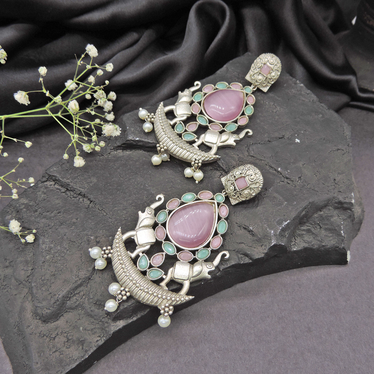 Green Stone Elephant Oxidized Statement Earrings with Pearl Drops