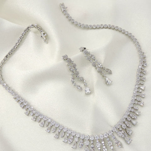 Luxury CZ Tennis Necklace Set | Silver-Tone Bridal Necklace