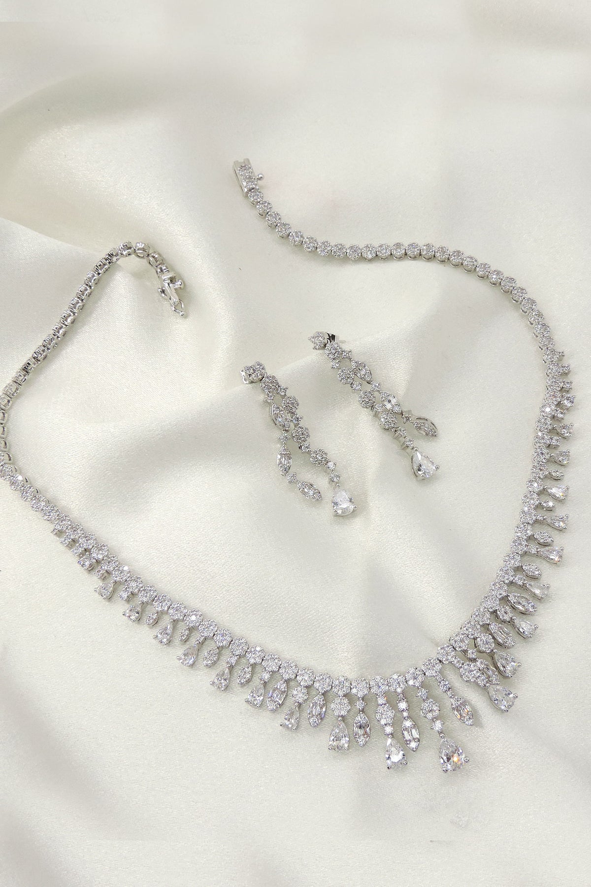 Luxury CZ Tennis Necklace Set | Silver-Tone Bridal Necklace