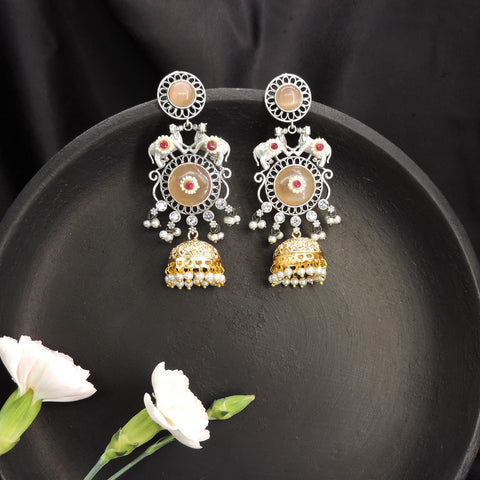 Dual Tone Jhumka Earrings with Pearl Drops