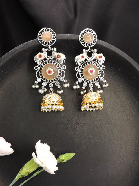 Dual Tone Jhumka Earrings with Pearl Drops