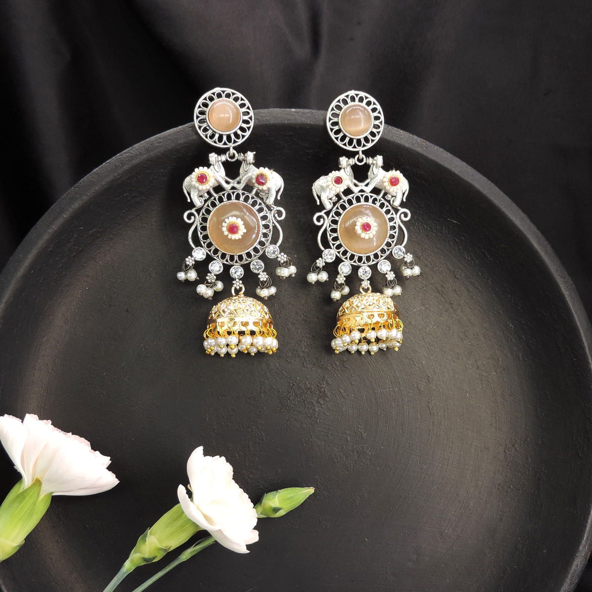 Dual Tone Jhumka Earrings with Pearl Drops