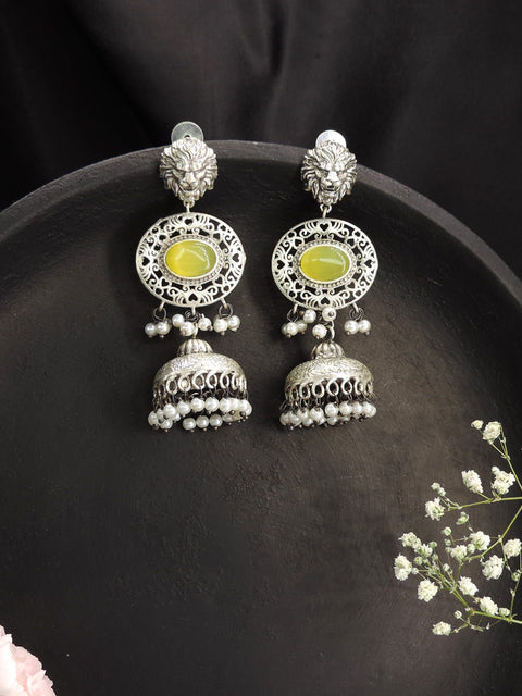 Yellow Stone Lion Motif Oxidised Jhumka Earrings