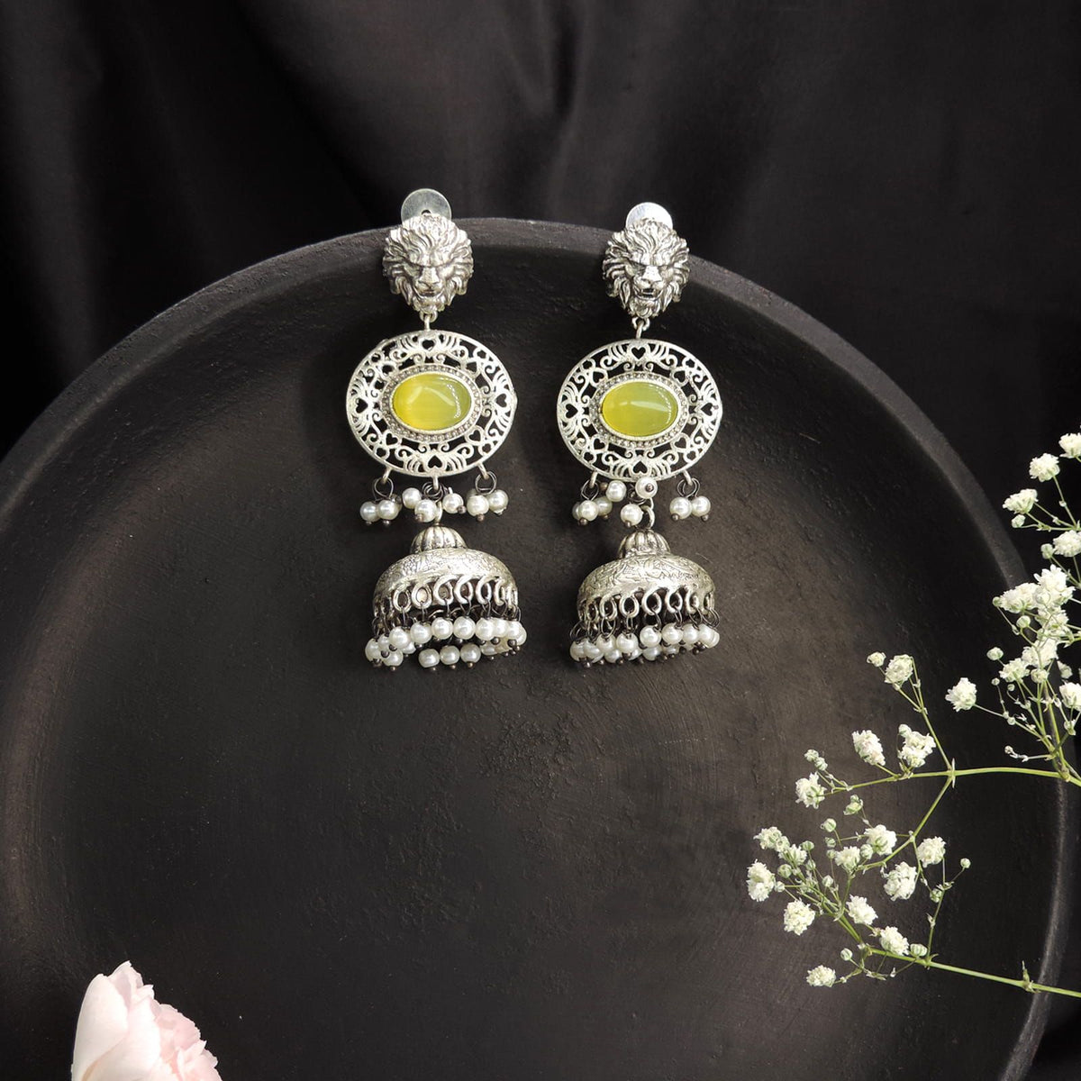 Yellow Stone Lion Motif Oxidised Jhumka Earrings