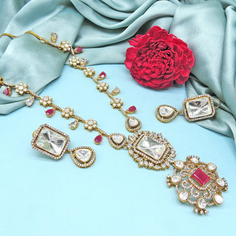 Moissanite long necklace set with ruby – Indian Moissanite ruby necklace for weddings USA – Joyrias