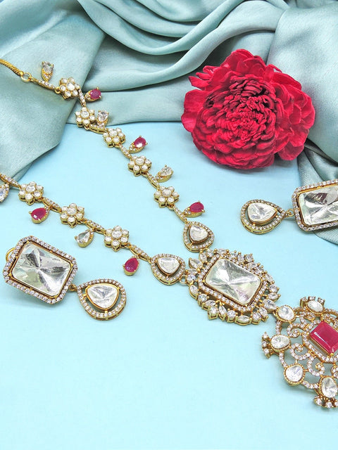 Moissanite long necklace set with ruby – Indian Moissanite ruby necklace for weddings USA – Joyrias
