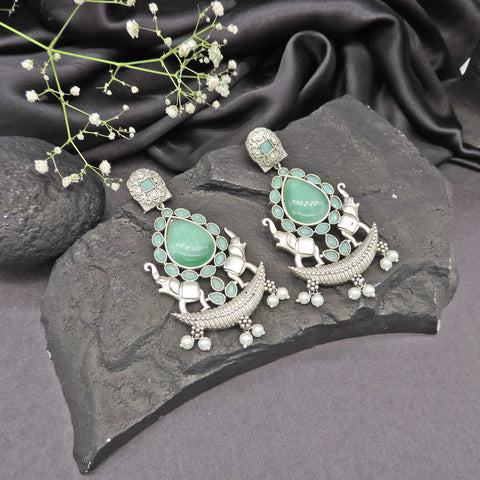 Green Stone Elephant Oxidized Statement Earrings with Pearl Drops