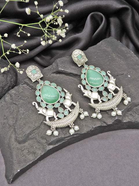 Green Stone Elephant Oxidized Statement Earrings with Pearl Drops
