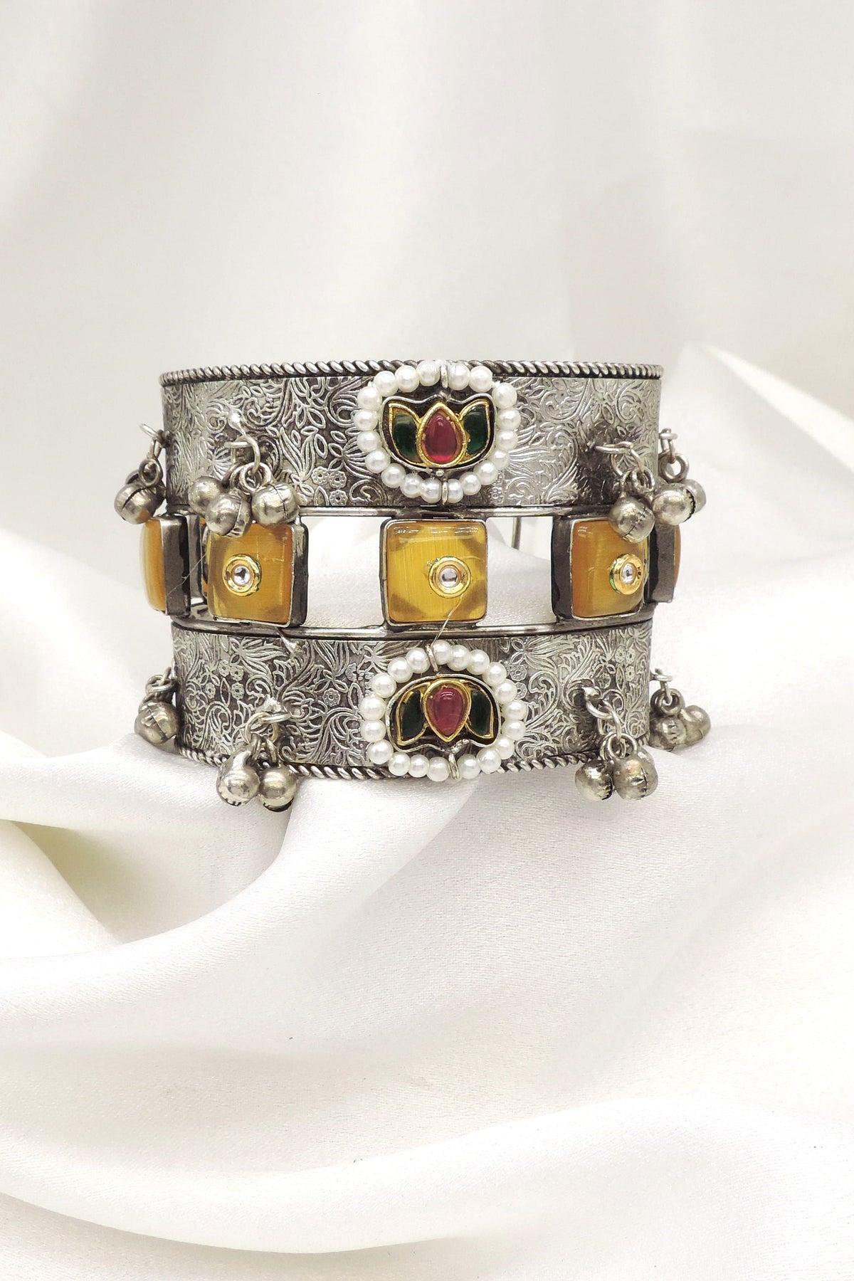 Oxidized silver multicolor floral cuff bracelet with maroon yellow stones and pearl detailing by joyrias