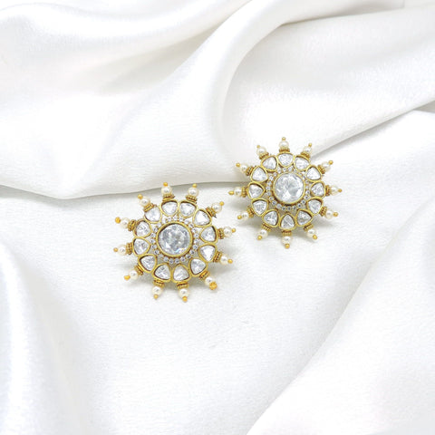 Ornate kundan polki floral pearl stud earrings by joyrias