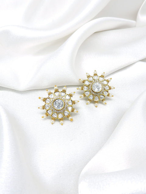 Ornate kundan polki floral pearl stud earrings by joyrias