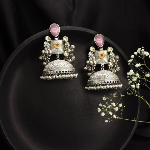 Pink Stone Oxidized Jhumka Earrings with Pearl Drops – Traditional Statement Earrings