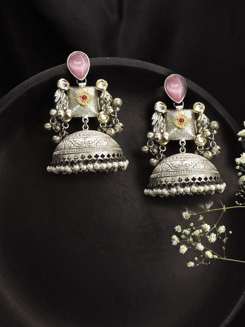 Pink Stone Oxidized Jhumka Earrings with Pearl Drops – Traditional Statement Earrings