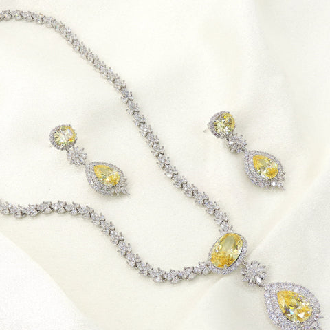 Canary Yellow CZ Necklace Set | Luxury Silver-Tone Pendant Necklace with Earrings