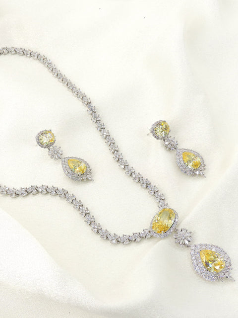 Canary Yellow CZ Necklace Set | Luxury Silver-Tone Pendant Necklace with Earrings