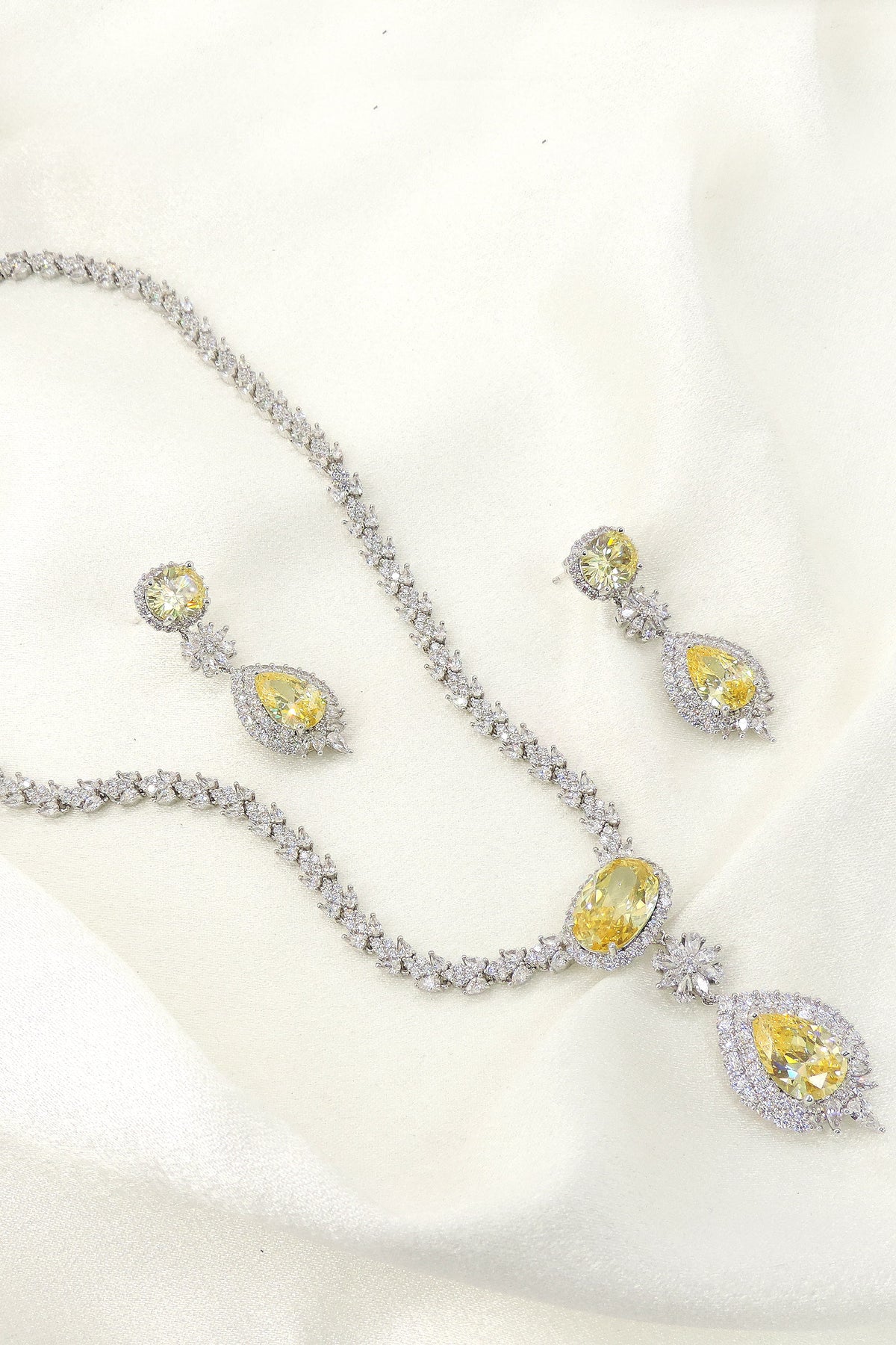 Canary Yellow CZ Necklace Set | Luxury Silver-Tone Pendant Necklace with Earrings