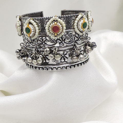 Oxidized traditional tribal cuff bracelet with intricate ethnic detailing by joyrias