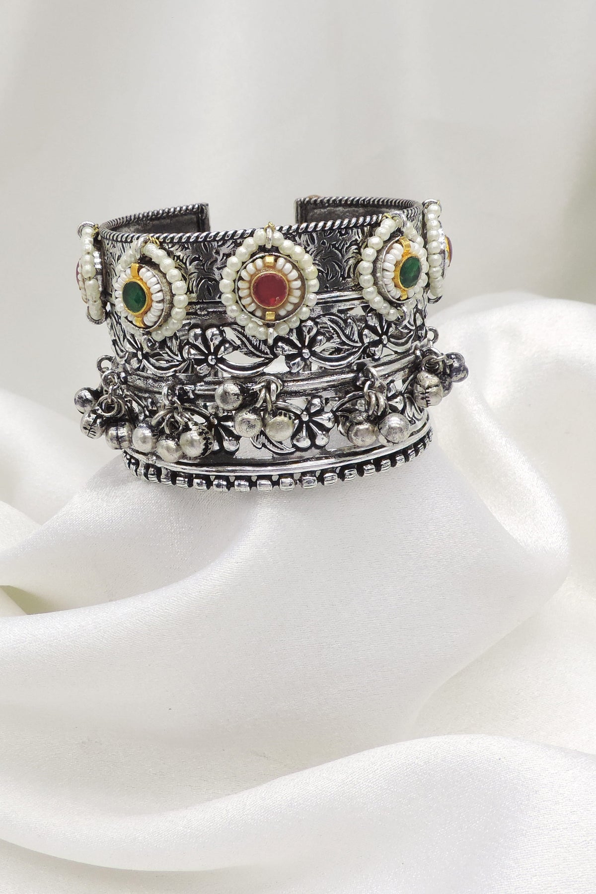 Oxidized traditional tribal cuff bracelet with intricate ethnic detailing by joyrias