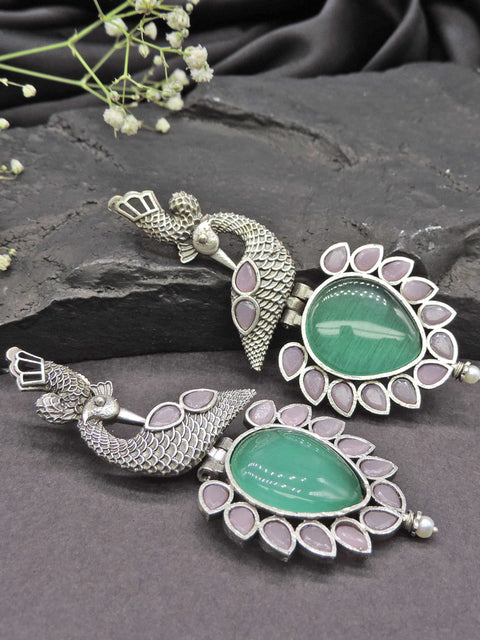 Green Stone Peacock Oxidised Statement Earrings