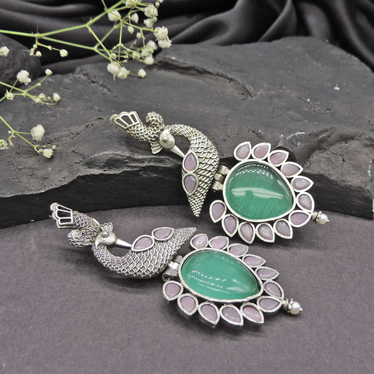 Green Stone Peacock Oxidised Statement Earrings