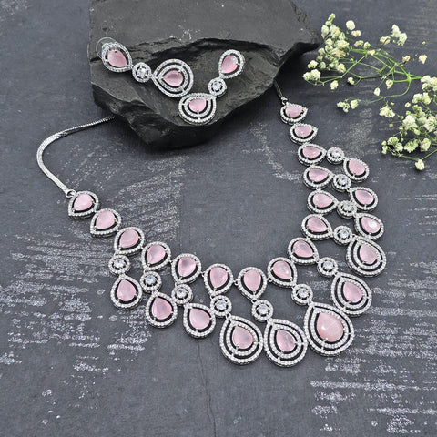 Light pink and AD necklace – Indian American diamond pink necklace for weddings USA – Joyrias