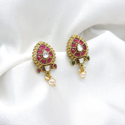 Royal temple kundan polki ruby green pearl drop earrings by joyrias