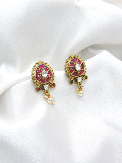 Royal temple kundan polki ruby green pearl drop earrings by joyrias