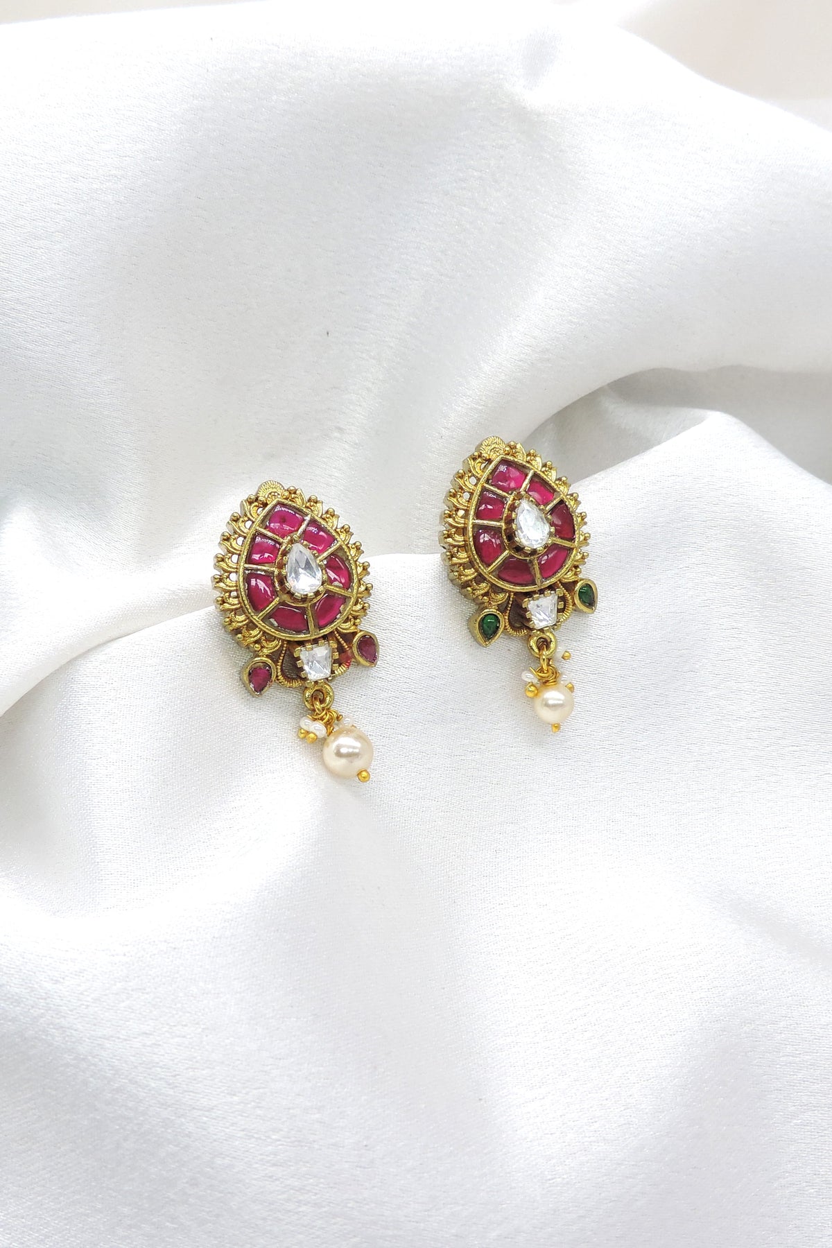 Royal temple kundan polki ruby green pearl drop earrings by joyrias