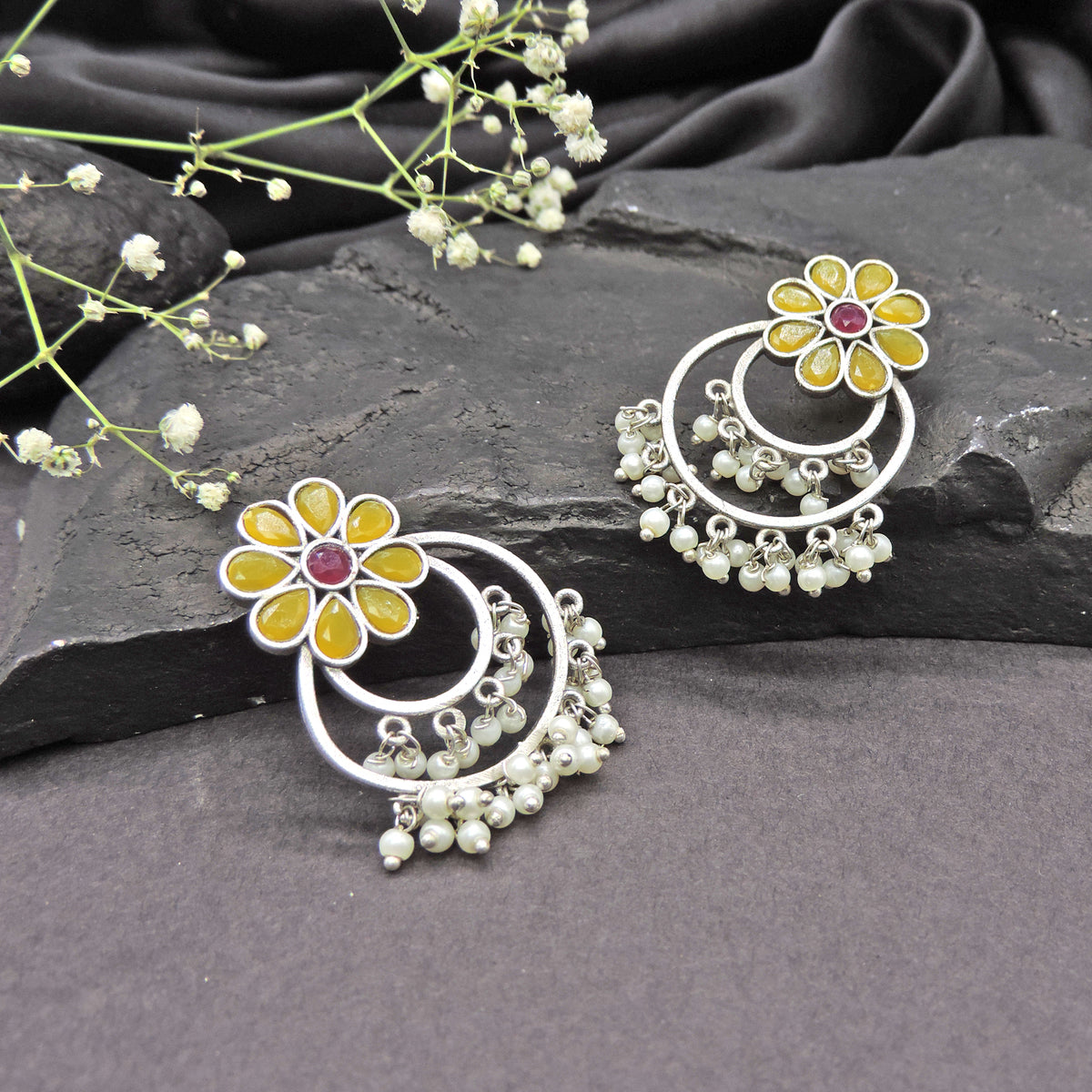 Pastel Floral Hoop Earrings with Pearl Drops – Oxidized Statement Earrings