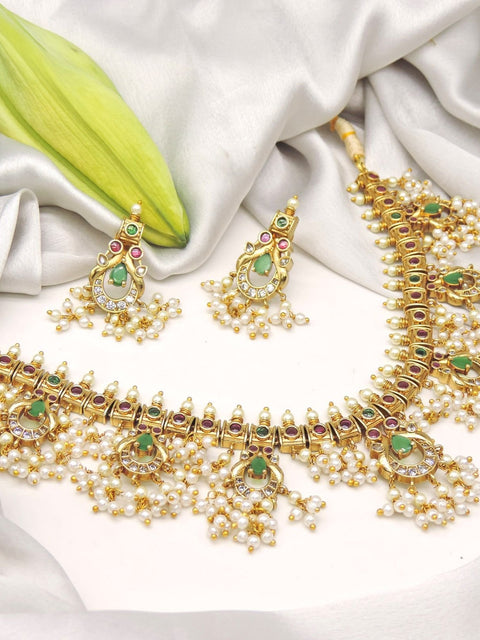 Green stone Kundan necklace set with pearls – Indian bridal necklace USA – Joyrias