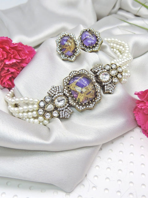 Purple fire stone Kundan choker set with multi strand pearls and earrings – Indian bridal jewelry USA – Joyrias
