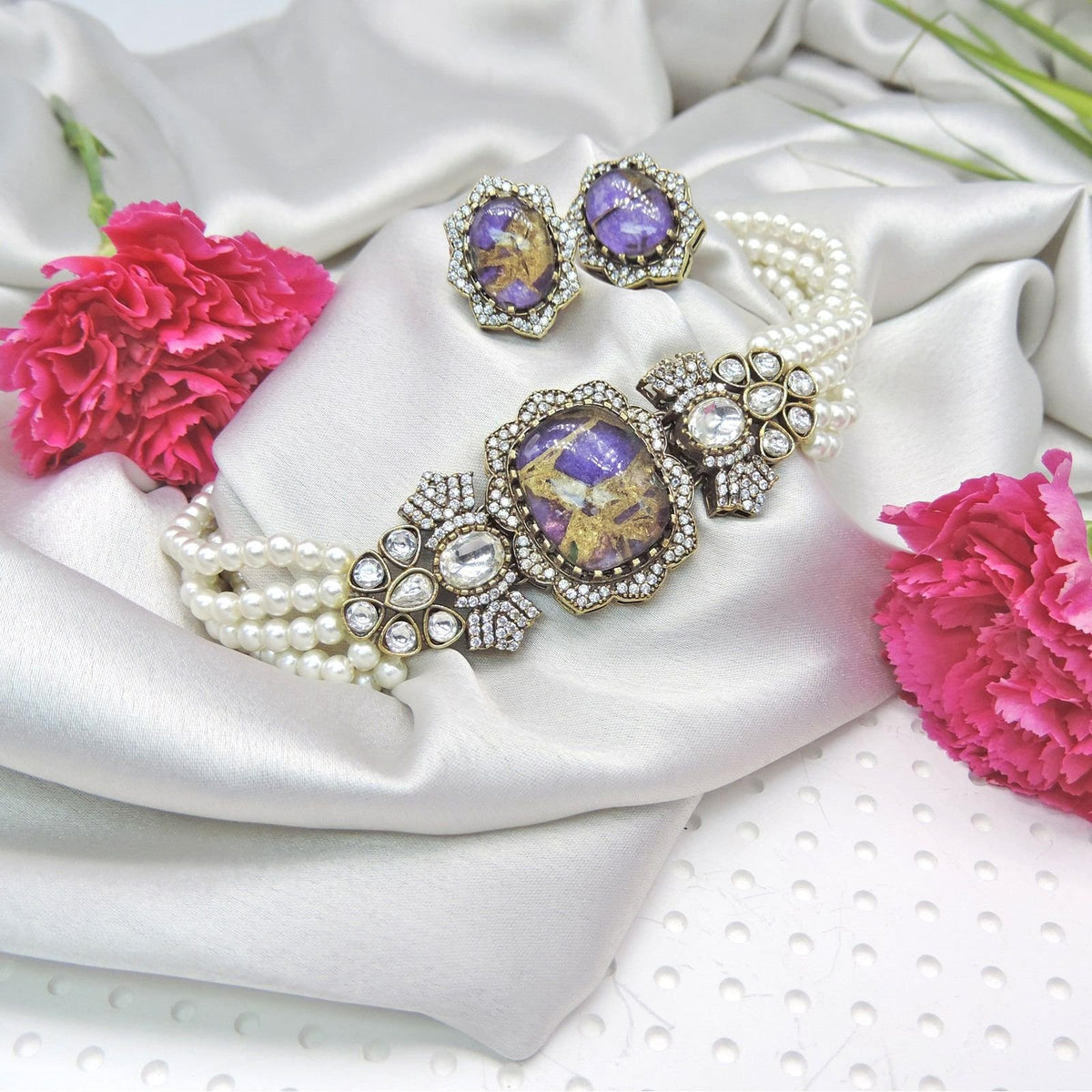 Purple Fire Stone Kundan Choker Set with Multi-Strand Pearls & Earrings – Limited Variation Image 0