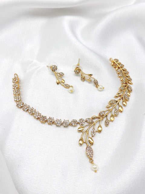 Gold-toned leaf CZ pearl necklace set with matching drop earrings by joyrias