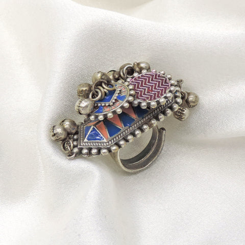 Oxidized multicolor enamel ring with blue and red geometric detailing from joyrias