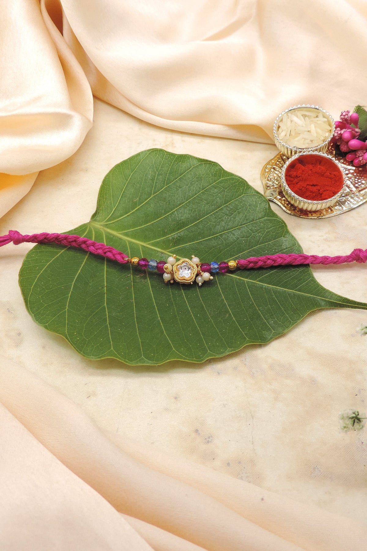 Gold Floral Pearl Cluster Bhaiya Rakhi