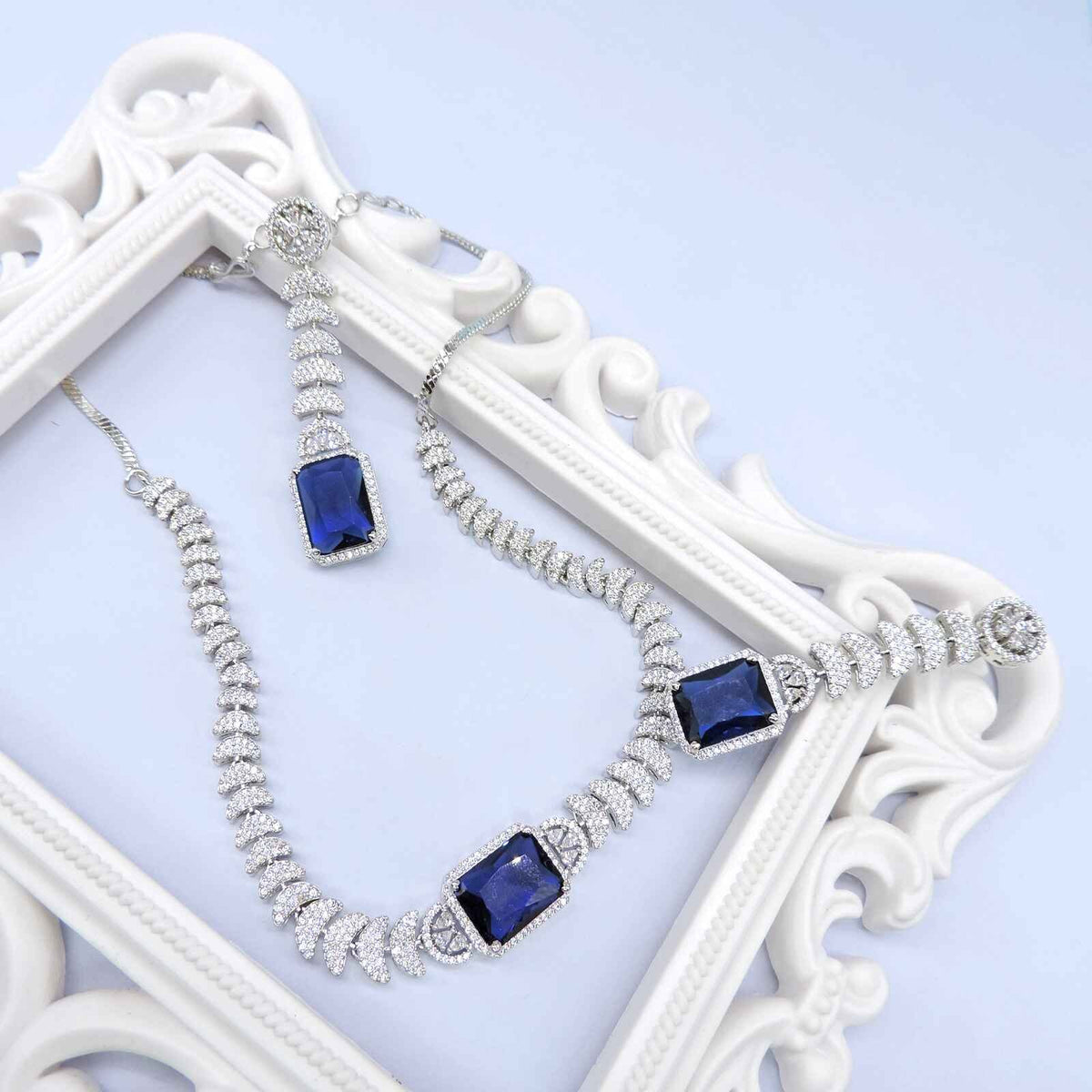 Blue doublet with CZ necklace set – Indian blue doublet American diamond necklace USA – Joyrias