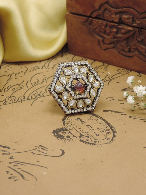 Hexagon AD Kundan cocktail ring with red stone center – Indian statement ring for women USA – Joyrias