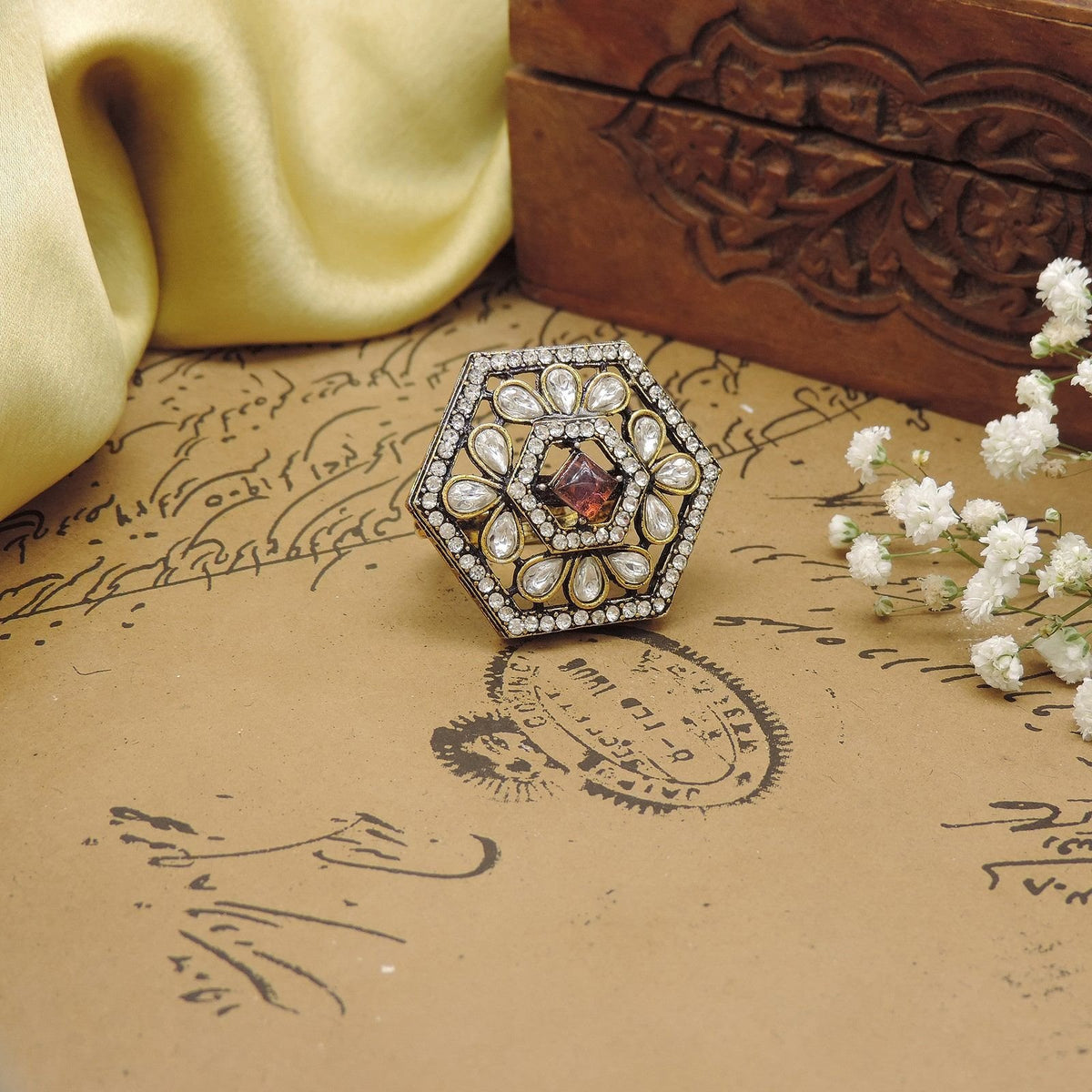 Hexagon AD Kundan cocktail ring with red stone center – Indian statement ring for women USA – Joyrias