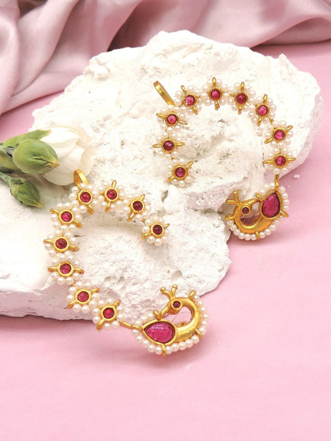 Ruby and pearl gold plated ear cuffs – handcrafted Indian bridal ear cuffs USA – Joyrias