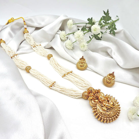 Lakshmi temple jewelry pearl mala set – South Indian temple necklace USA – Joyrias