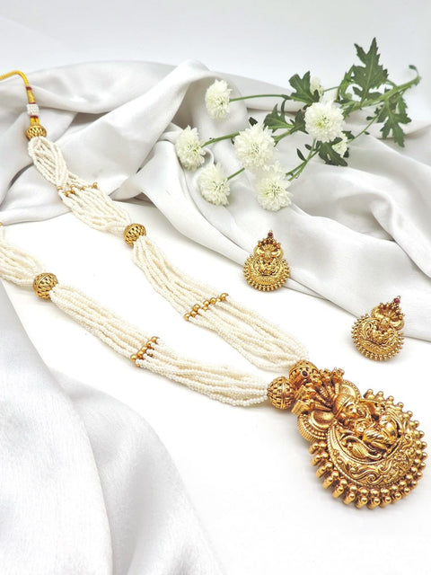 Lakshmi temple jewelry pearl mala set – South Indian temple necklace USA – Joyrias