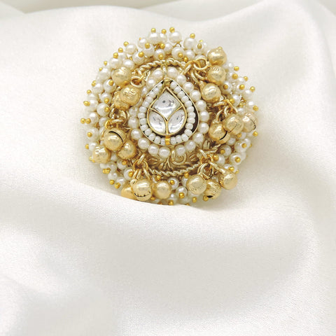 Oxidized gold pearl kundan ring with intricate traditional detailing from joyrias
