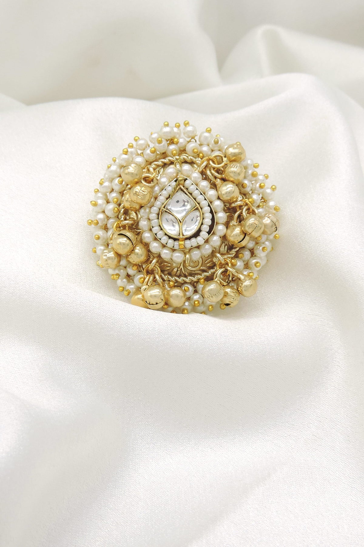 Oxidized gold pearl kundan ring with intricate traditional detailing from joyrias