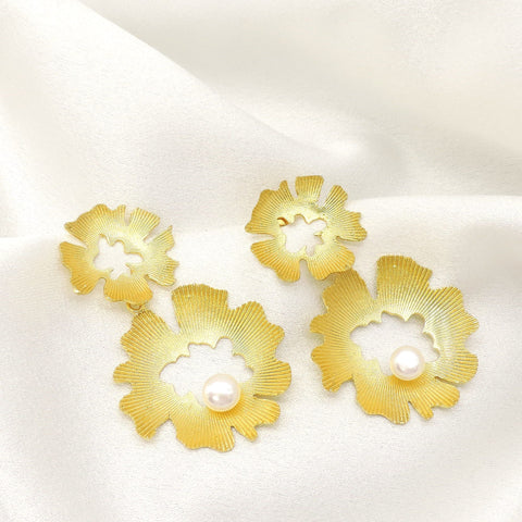 Gold Floral Pearl Statement Earrings | Textured Petal Design