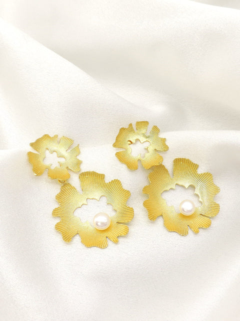 Gold Floral Pearl Statement Earrings | Textured Petal Design